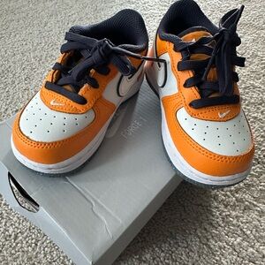 Nike Air Force 1 Kids Orange, White, and Black Low-Top Sneakers